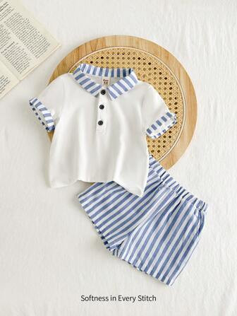 Cozy Cub Baby Boy Color Block Striped Collar Short Sleeve Cardigan And Casual Shorts Set | SHEIN