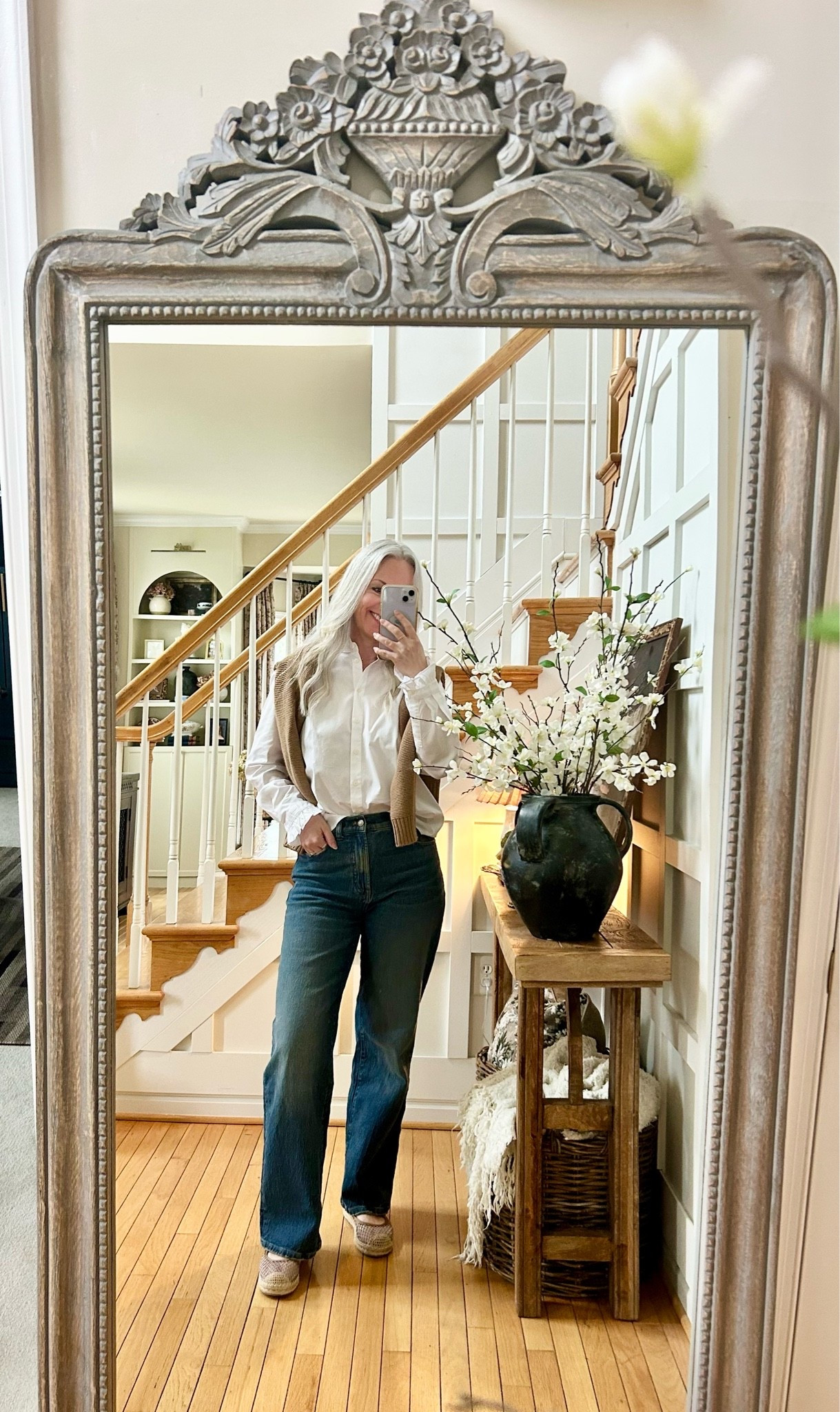 20% off @madewell with code LTK20! I wear a 27 in Madewell jeans
#LTKxMadewell #LTKSaleAlert
 Classic with a twist 🤍 wide leg jeans, white cotton button down shirt elevated with ruffle details, camel sweater, the cutest raffia espadrille Maryjane’s requiring no break in time 🙌🏼 Madewell, Jcrew, Quince, Amazon finds 
@Madewell 
@jcrew

#LTKxMadewell #LTKOver40