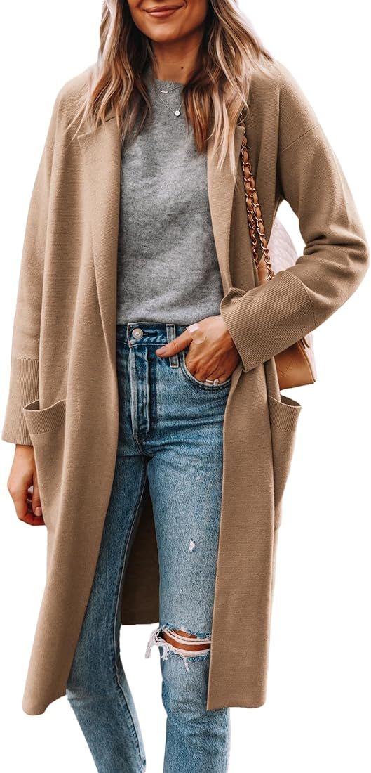 Yousify Cardigan for Women 2023 Open Front Knit Fall Sweaters with Pockets Coatigan Lapel Blazer ... | Amazon (US)