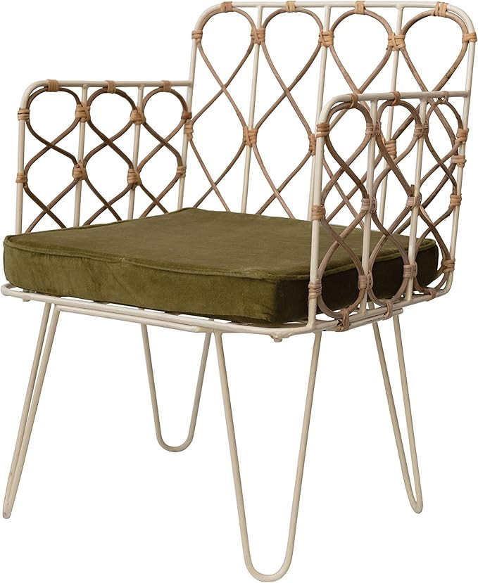 Creative Co-Op Metal & Rattan Chhair with Olive Velvet Cushion Chair | Amazon (US)