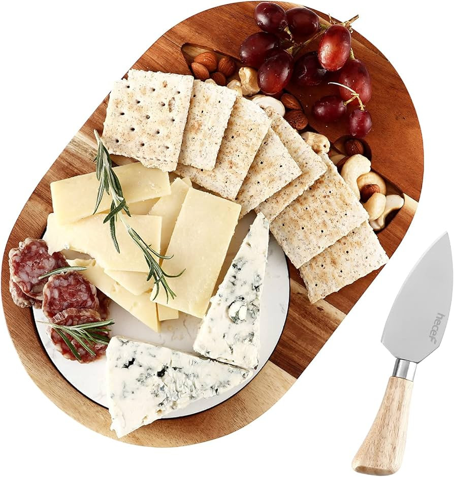 hecef Oval Wooden Cheese Board Set, Acacia Wood Cheese Serving Board with White Marble & Cheese K... | Amazon (US)