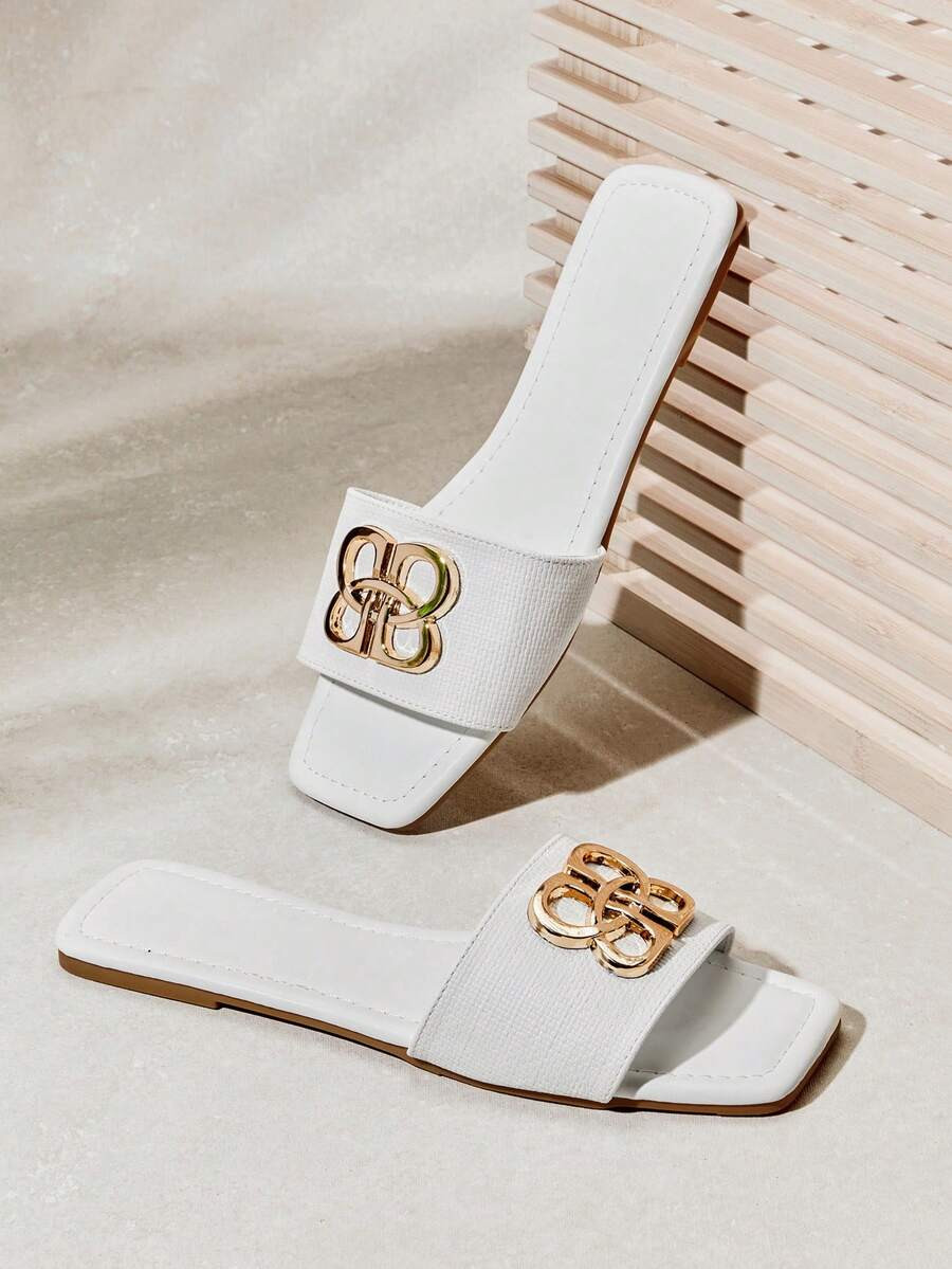 SHUZIA Fabulous Women's Chic Slide-In Off-White Square Toe Gold Decor Sexy Cute Comfortable Sprin... | SHEIN