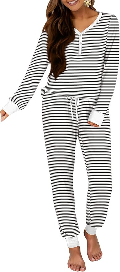 ANRABESS Women's 2 Piece Outfits Pajama Sets Long Sleeve Henley Tops Sweatpants Matching Lounge S... | Amazon (US)