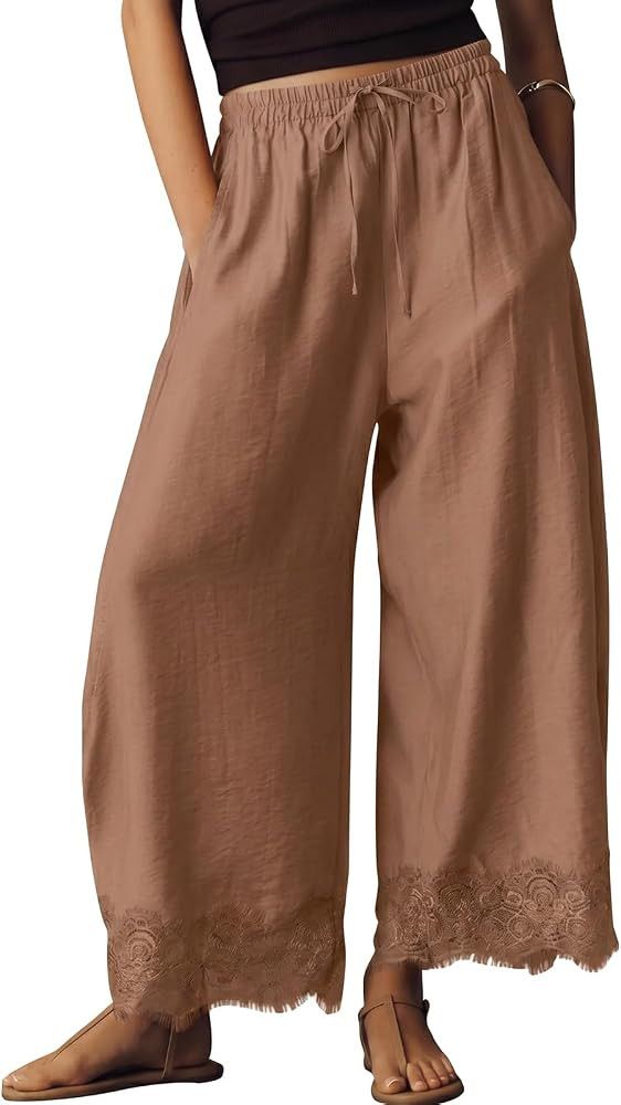 EXLURA Womens Cotton Lace Trim Wide Leg Cropped Pants Drawstring Trousers | Amazon (US)