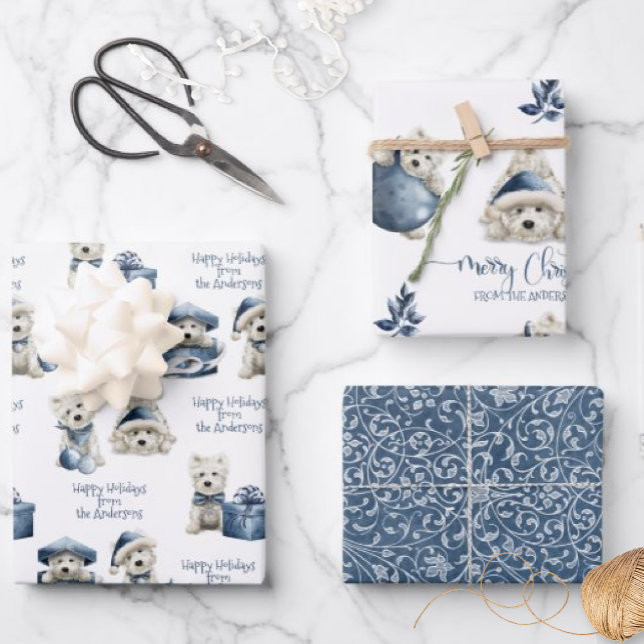 Blue White and Silver, White Festive Puppy Holiday Wrapping Paper Sheets | Zazzle | Zazzle