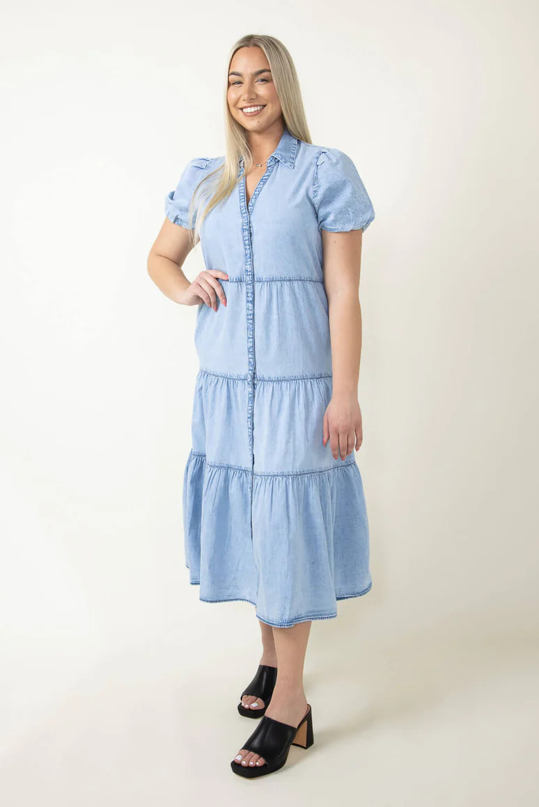 Elan Washed Denim Tiered Mini Dress for Women in Blue | Glik's