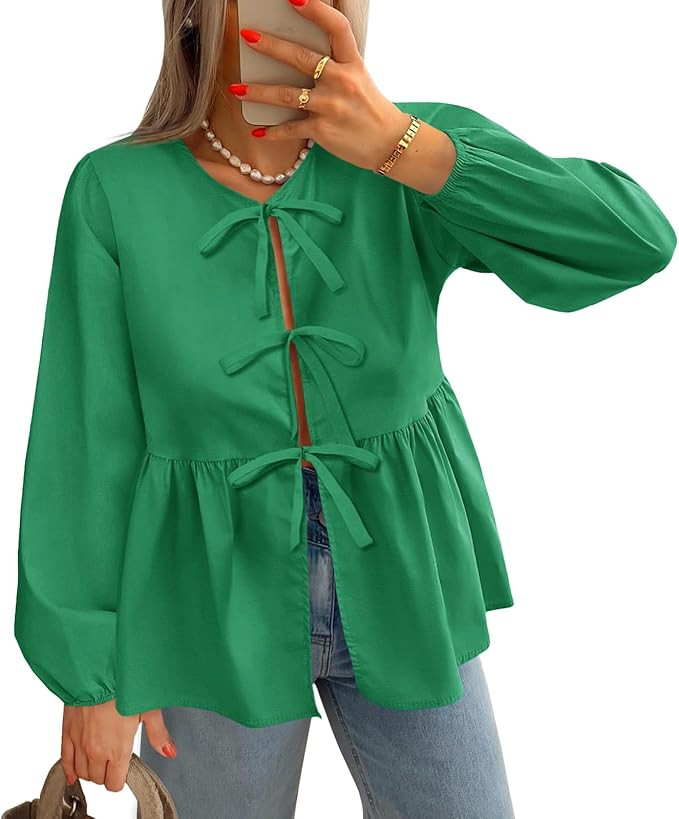 Tankaneo Womens Long Sleeve Babydoll Tops Tie Front Blouses Peplum Cute Flowy Shirts | Amazon (US)