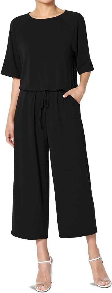 TheMogan S~3X Summer Casual Short Sleeve Elastic Waist Capri Culotte Jumpsuit | Amazon (US)