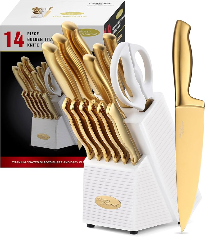 Marco Almond® Gold Knife Set, Knife Block Set MA21,Titanium Coated 14 Pieces Stainless Steel Che... | Amazon (US)
