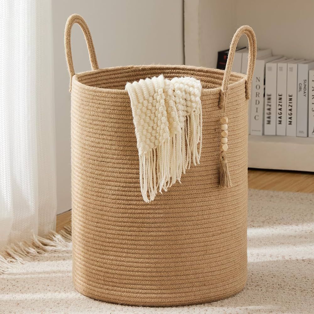 Jute Rope Laundry Hamper Basket, 58L Tall Woven Collapsible Baskets for Blanket Organizing Clothe... | Amazon (US)