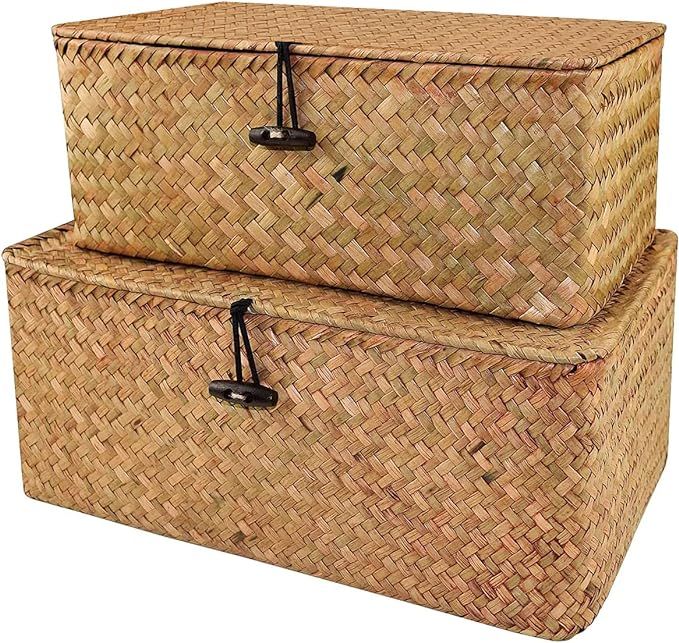 Esoes Wicker Storage Basket Woven Rattan Storage Box With Lids Seagrass Laundry Baskets Makeup Or... | Amazon (US)