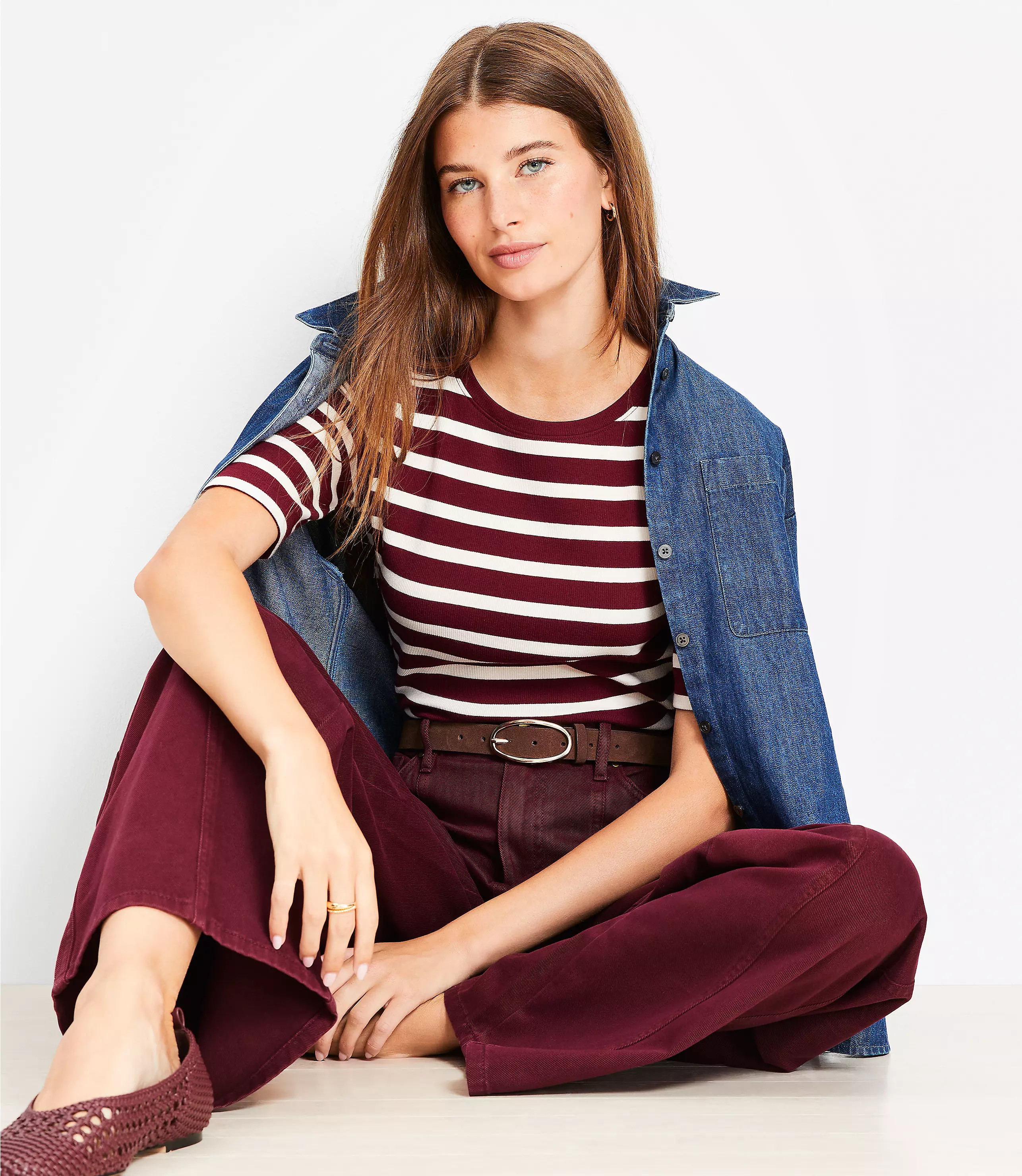 Stripe Perfect Ribbed Elbow Sleeve Tee | LOFT