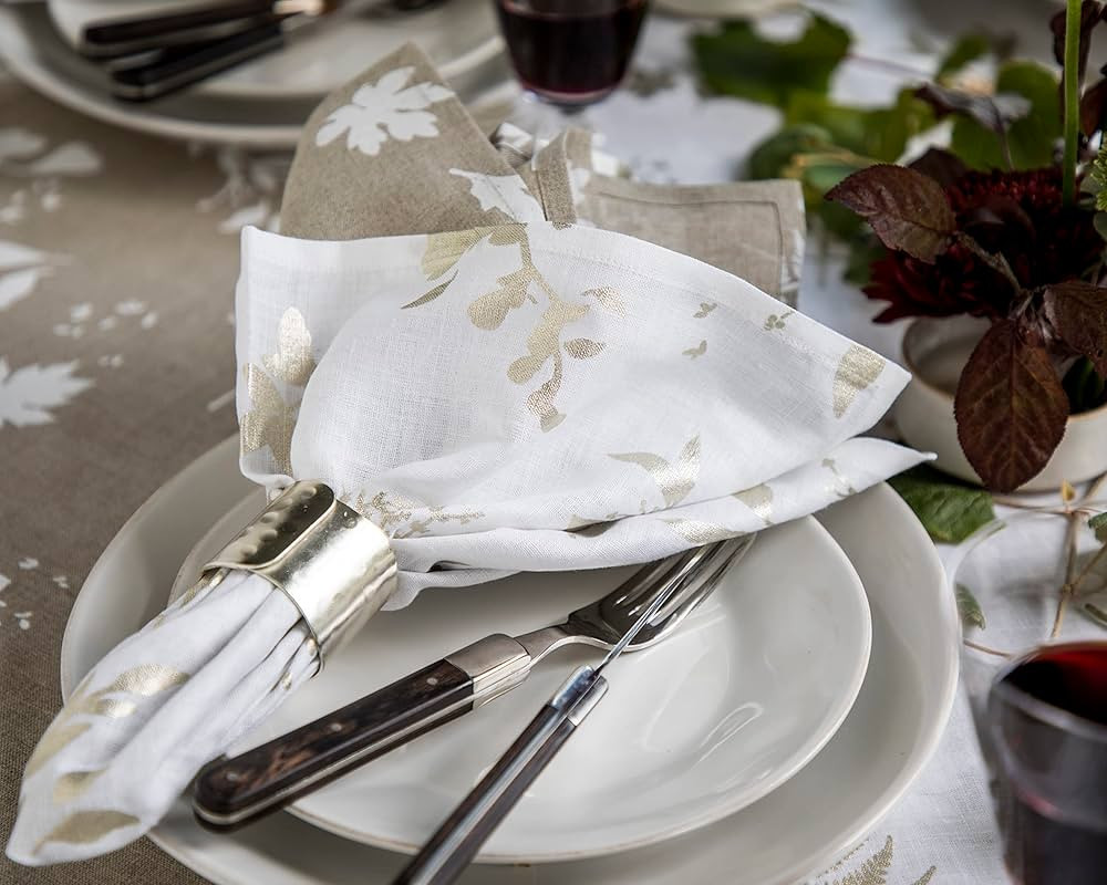 Solino Home Metallic Gold Linen Napkins 20 x 20 Inch – Botanical Leaves Dinner Napkins for Than... | Amazon (US)
