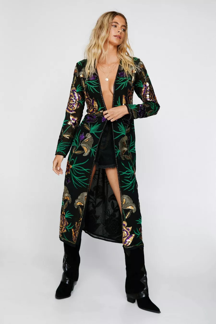 Embellished Floral Design Longline Kimono | Nasty Gal (US)