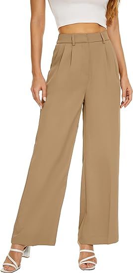 FUNYYZO Women's Wide Leg Pants Elastic Waisted in The Back Business Work Trousers Long Straight S... | Amazon (US)