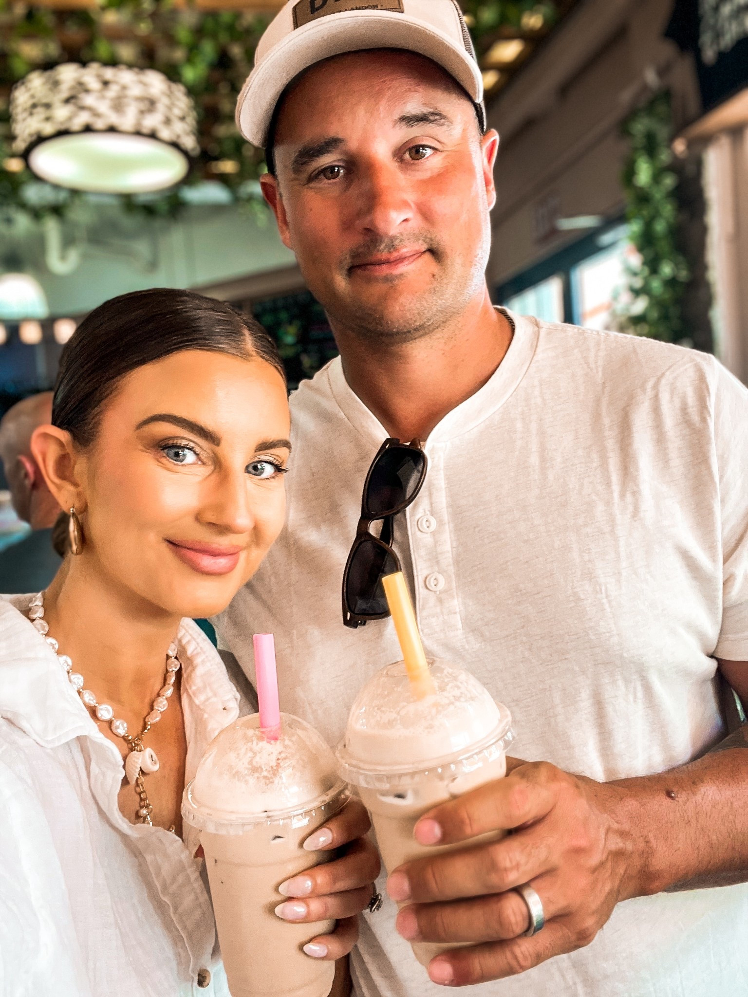 Womens water pearl gold seashell necklace 
Womens shorts sleeve linen gauze shirt 
Mens beige short sleeve button shirt