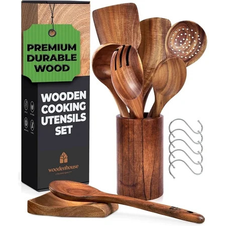 Wooden Utensils for Cooking, 8 piece Set with Holder, Perfect for Nonstick | Walmart (US)