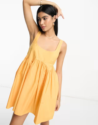 ASOS DESIGN square neck mini smock sundress in apricot | ASOS (Global)