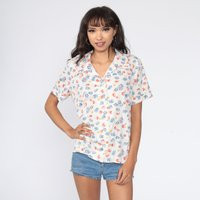 White Floral Blouse Button Up Shirt 70S Boho Top Vintage 1970S Short Sleeve Collared Feminine Extra Large Xl | Etsy (US)