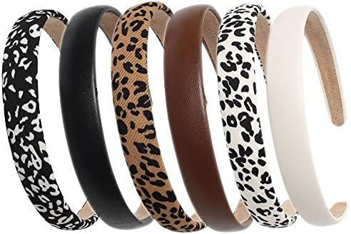 Leopard Print Headbands for Women Girls 2cm Wide Headband PU Solid Hairband Hair Hoops Hair Accessor | Amazon (US)