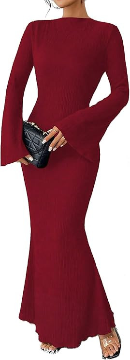 Narecte Fall Dresses for Women 2025 Maxi Dresses Solid Color Boho Dress Flare Sleeve Bodycon Dres... | Amazon (US)