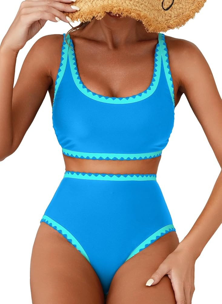 Herseas Women's Bikini Sets Floral Print Whip Stitch 2 Piece Swimsuits High Waisted Scoop Bathing... | Amazon (US)