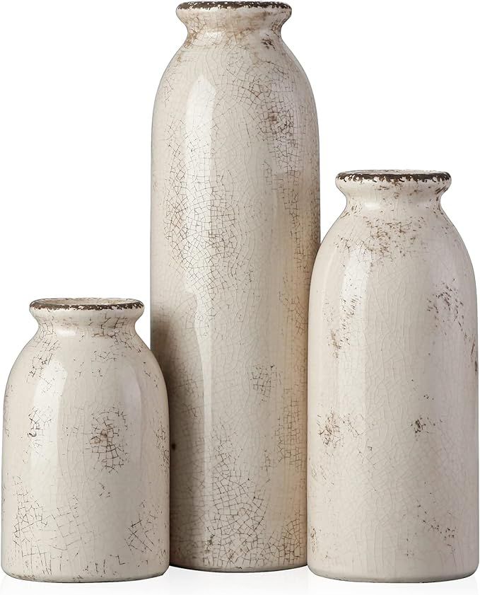 CLWLGO - Ceramic Rustic Small Vase Set of 3, 3-Piece Flower Ornament Vases, Rustic Farmhouse Deco... | Amazon (US)