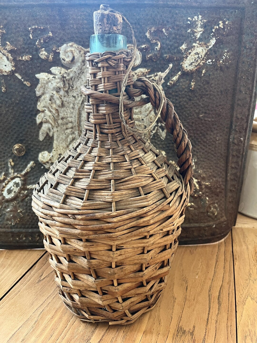 Antique Demi-john, Wicker Enclosed With Cork Stopper. Aqua Green Color. - Etsy | Etsy (US)