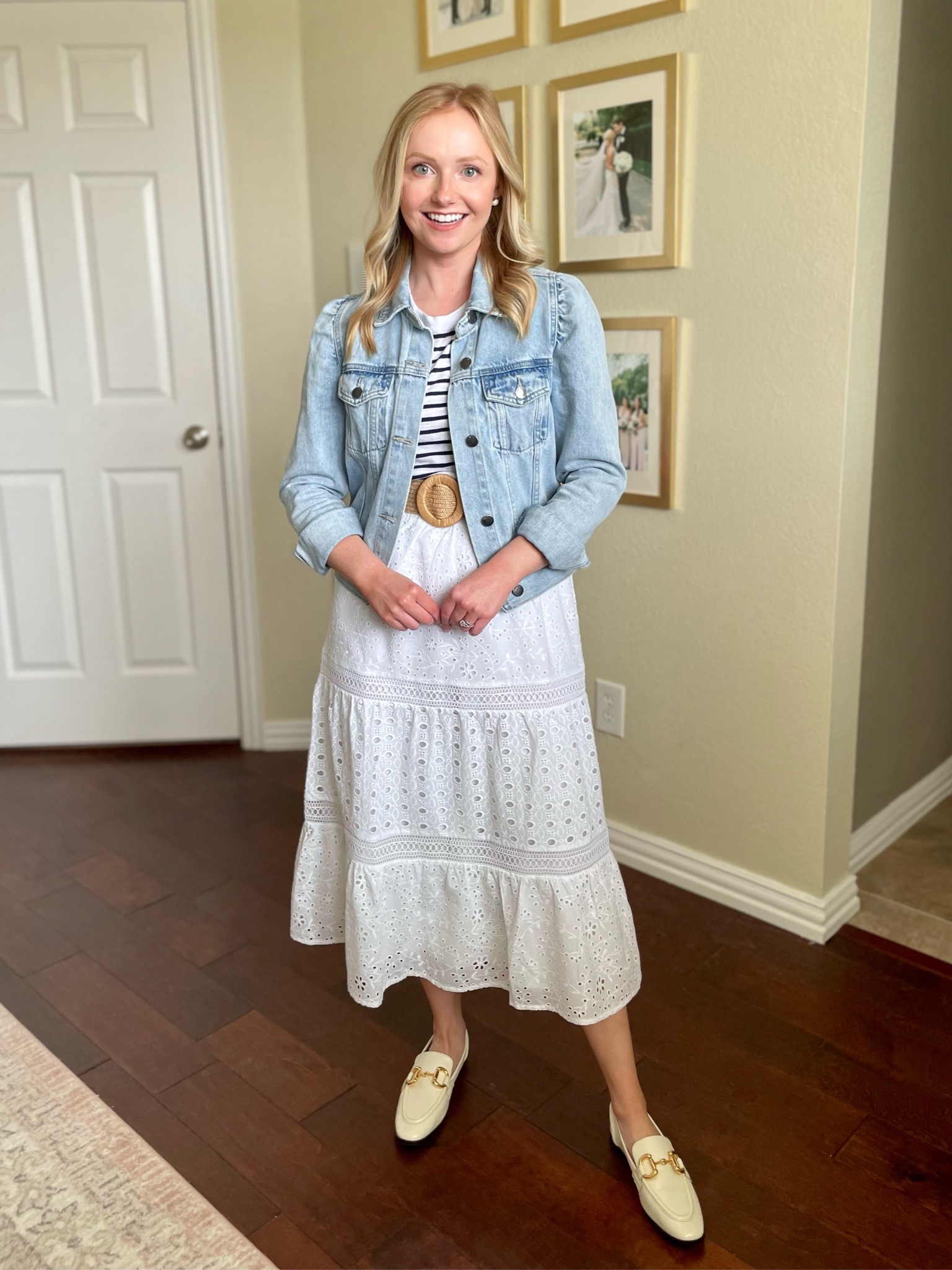 Wearing an XSP in skirt, XS in tee and S in jacket | maxi skirt, eyelet skirt, white skirt, denim jacket, teacher outfit, teacher style, teacher ootd, loafers, business casual, workwear 

#LTKSeasonal #LTKFind #LTKworkwear