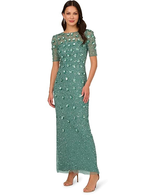Adrianna Papell Womens Beaded Long 3D Floral Dress | Amazon (US)