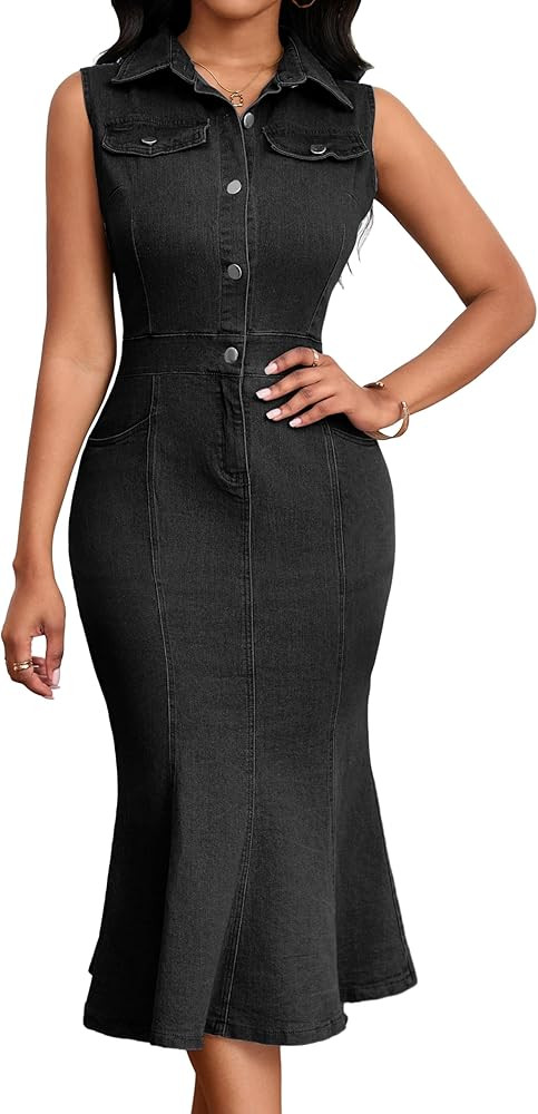 SeNight Women's Denim Dress Sexy V Neck Bodycon Mini Dresses | Amazon (US)