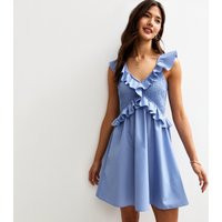 Women's Blue V-Neck Ruffle Trim Shirred Bust Mini Dress New Look | New Look (UK)