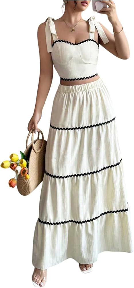 OYOANGLE Two Piece Skirt Set for Women Tie Shoulder Crop Tank Top Ruffle A Line Maxi Skirt Vacati... | Amazon (US)