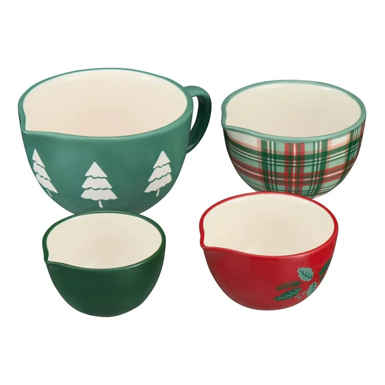 Holiday Time 4-Piece Trees & Plaid Glazed Stoneware Measuring Cup Set, Multicolor - Walmart.com | Walmart (US)