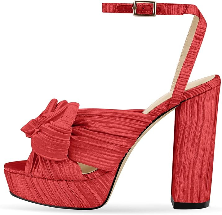 Richealnana Women's Platform Chunky Heels Bowknot Ankle Strap Sandals | Amazon (US)