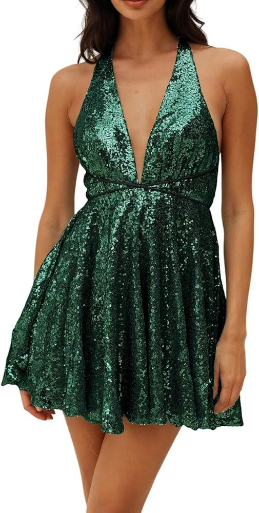 R.Vivimos Women's Sequin Dress Spaghetti Strap Sexy Deep V Neck Backless Glitter Club Party Skate... | Amazon (US)