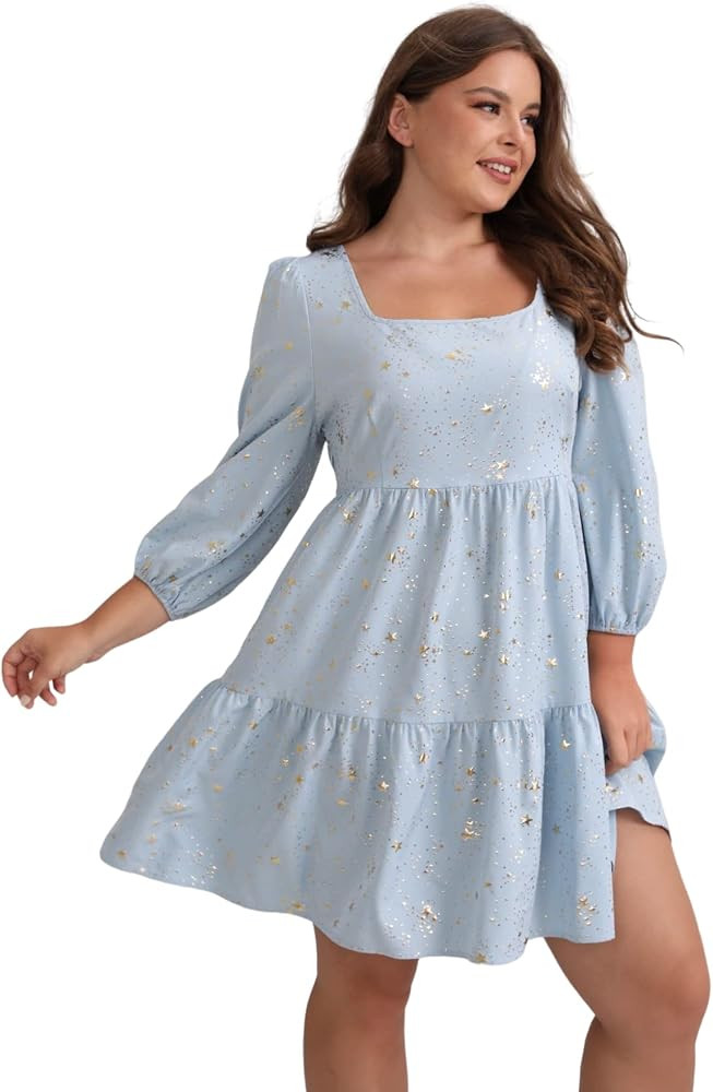 Floerns Women's Plus Size Printed Casual Square Neck Puff Sleeve A Line Dress | Amazon (US)