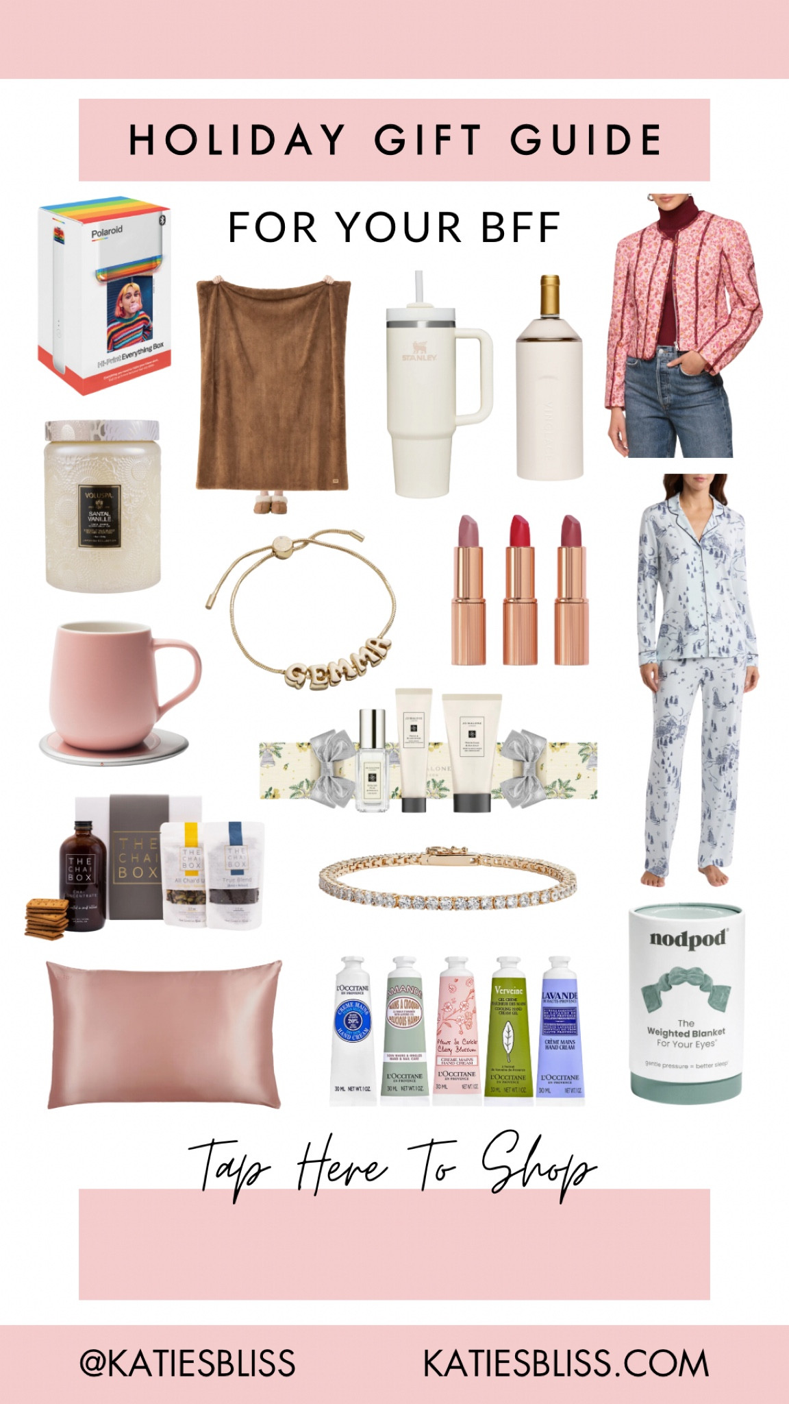 Holiday gift guide ❤️ for your bff

Best friend. Gift. Holiday. Christmas. Present. Pajamas. Lipsticks. Polaroid. Ugg blanket. Bracelet. Lotion. Silk pillow. Beauty. Cosmetics. Stanley. 

#LTKHoliday #LTKGiftGuide #LTKFindsUnder100