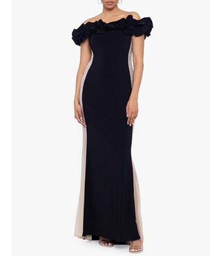 Xscape Stretch Ruffled Off-the-Shoulder Rhinestone Mesh Side Gown | Dillard's | Dillard's