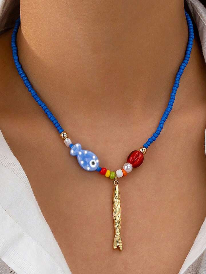 1pc Blue & Orange Colorful Beaded Metal Fish Pendant Necklace For Women Girls Cute Choker Jewelry,Random Shape & Color | SHEIN
