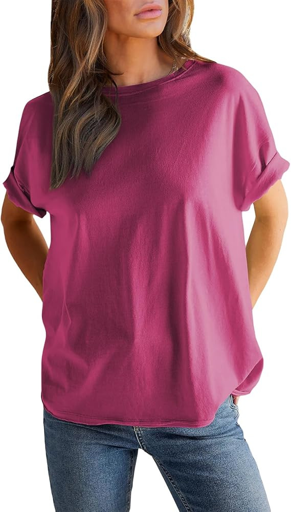 EVALESS Womens Fashion Summer Tops 2024 Crewneck Short Sleeve Oversized Tshirts Solid Color Tee S... | Amazon (US)
