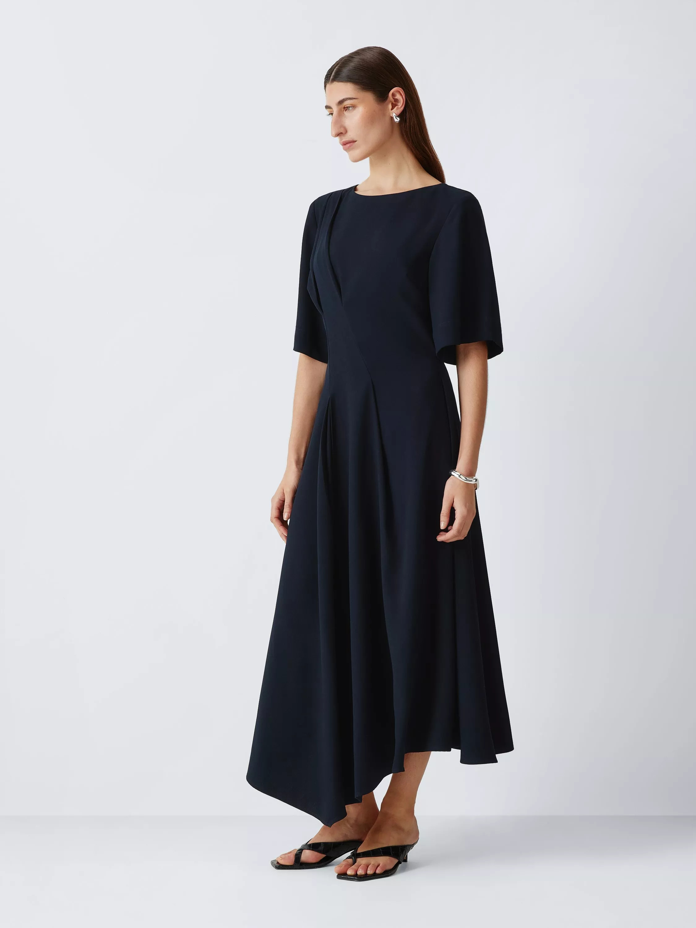 Asymmetric Hem Short Sleeve Drape Midi Dress, Navy | John Lewis (UK)