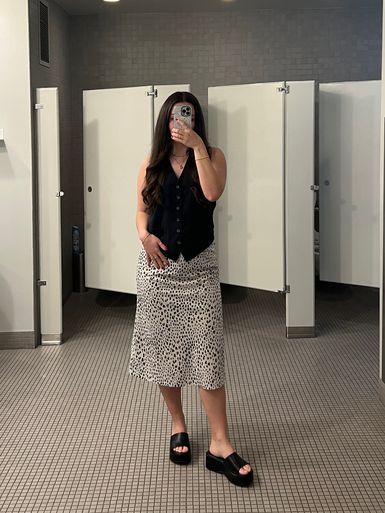 Black vest, leopard midi skirt satin, work ootd, outfit inspiration, black platform sandals

#LTKfindsunder50 #LTKSeasonal #LTKstyletip