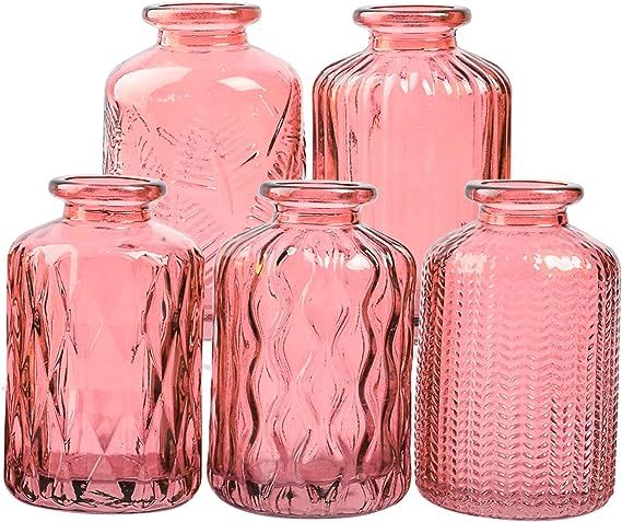Eleganttime Small Pink Vase for Flowers,Mini Pink Bud Vases for Decor in Bulk Set of 5,Glass Tiny... | Amazon (US)