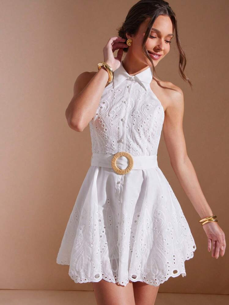 L'Amorae Elegant Summer Embroidered Scallop White Eyelet Collar Button Down Belted Mini Summer White Sundress, Summer Outfits For Women, Brunch Outfits For Women, Vacation Outfits Woman | SHEIN