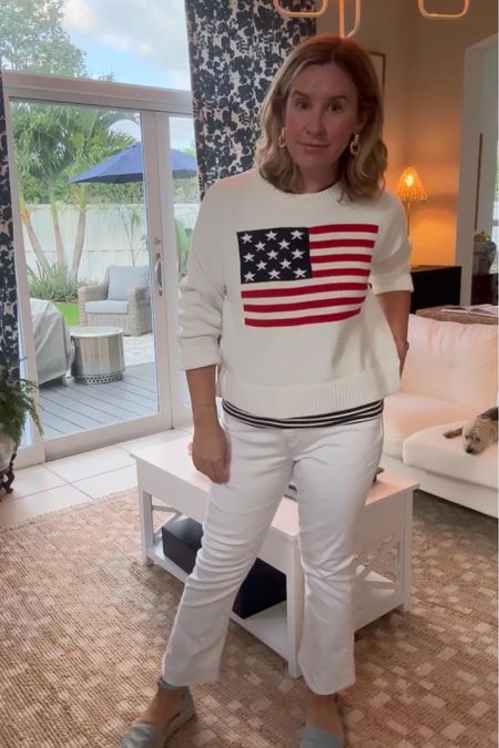White jeans, white American flag sweater, got the sweater in one size bigger. Jeans have a slight stretch

#LTKMidsize #LTKFindsUnder50