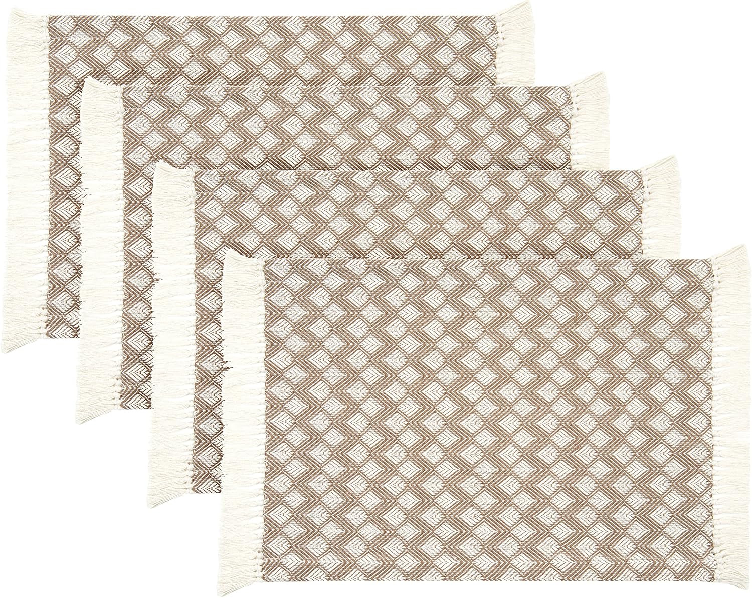 Sticky Toffee Cotton Woven Placemat Set with Hand-Knotted Fringe, Kitchen or Dining Table, Scallo... | Amazon (US)