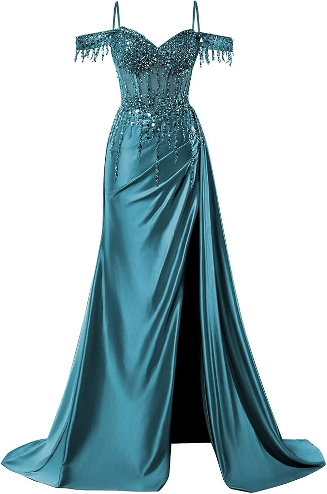 Off Shoulder Mermaid Prom Dresses Satin Corset Evening Gown Sequin Beaded Formal Dress with Slit | Amazon (US)