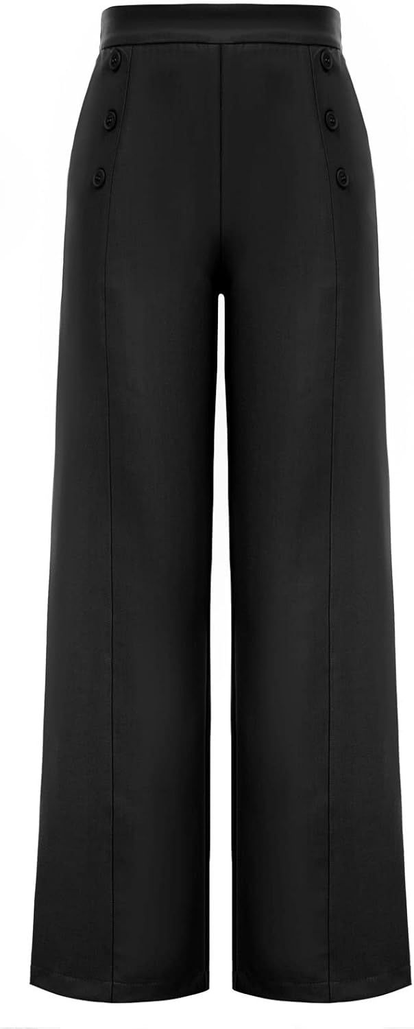 Belle Poque Women's High Waisted Wide Leg Pants Button Decorated Casual Stretchy Trousers with Po... | Amazon (US)