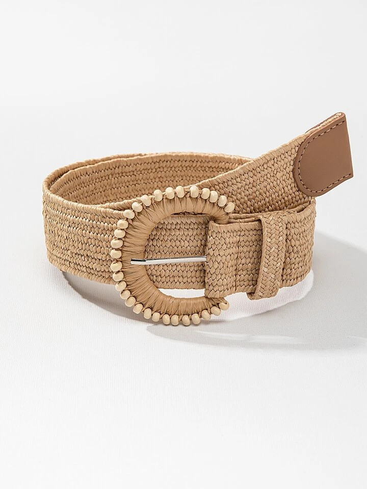 1pc Women Bead Decor Round Buckle Straw Woven Belt For Vacation | SHEIN